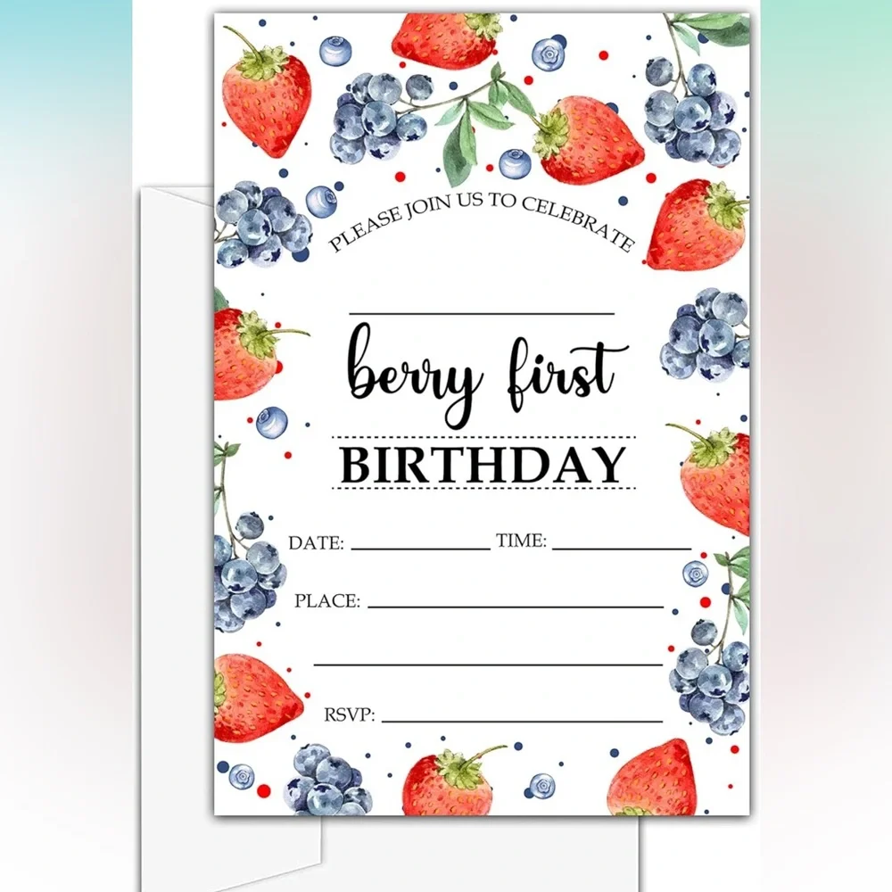 5for$10 Berry 1st Birthday Invitations, 20-Pack Double-sided Strawberry Party